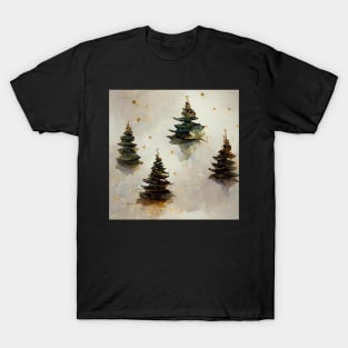 Watercolor Winter Christmas Trees, Gold and Green T-Shirt